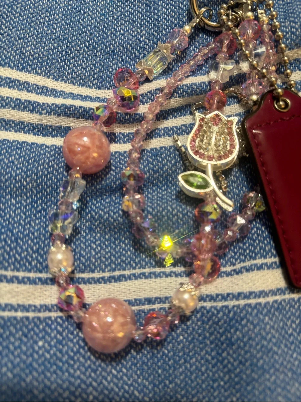 Coach hangtag with Pink and Burgundy Crystal Beaded Bag Charm with Tulip Accent - Picture 9 of 9